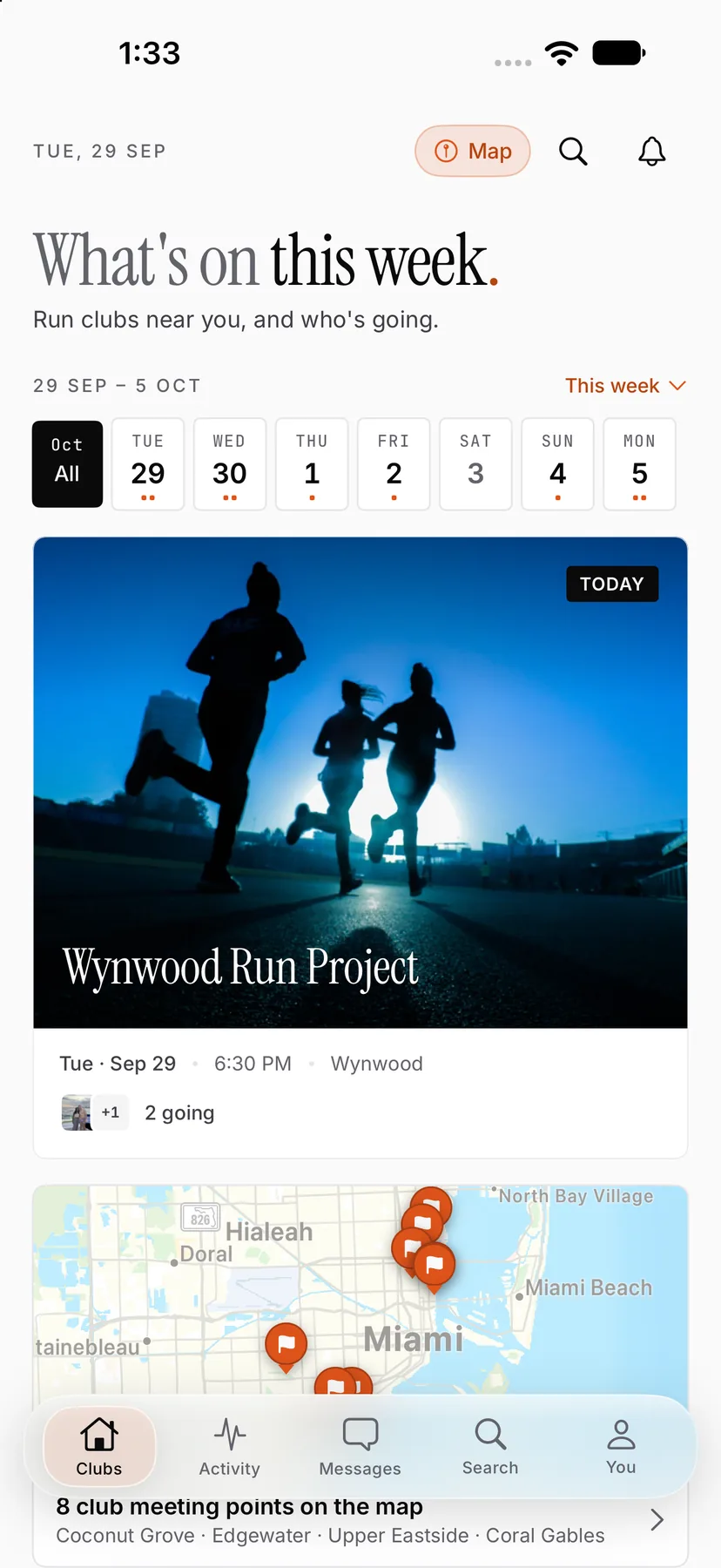 The ODDS Running app showing this week's Miami run-club calendar