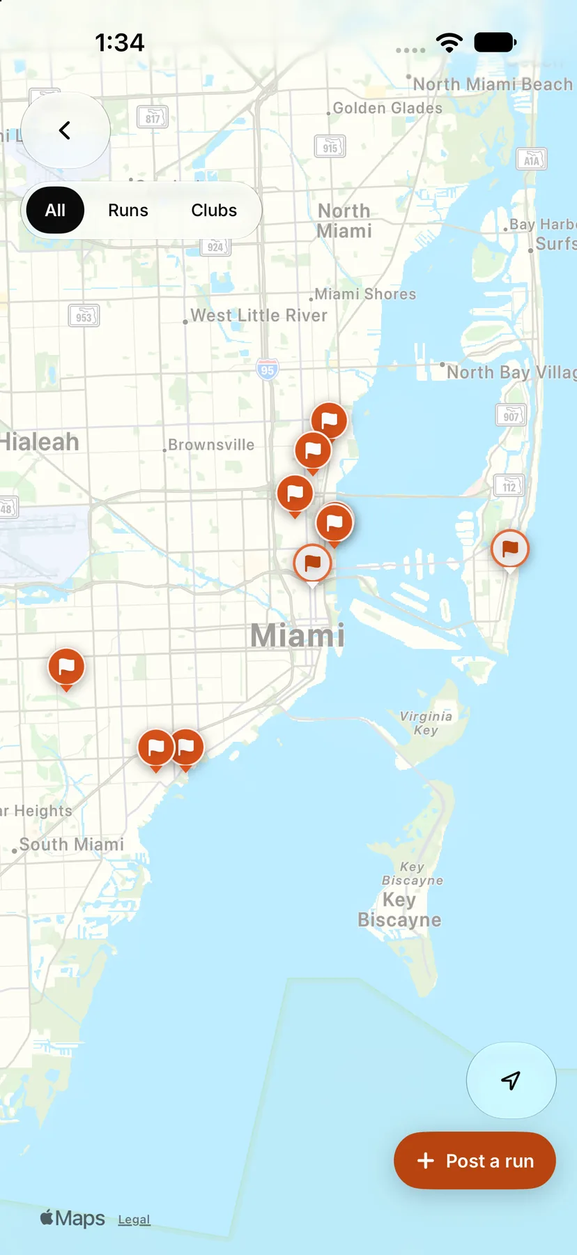 The ODDS Running map of Miami with a pin on every run-club meeting point